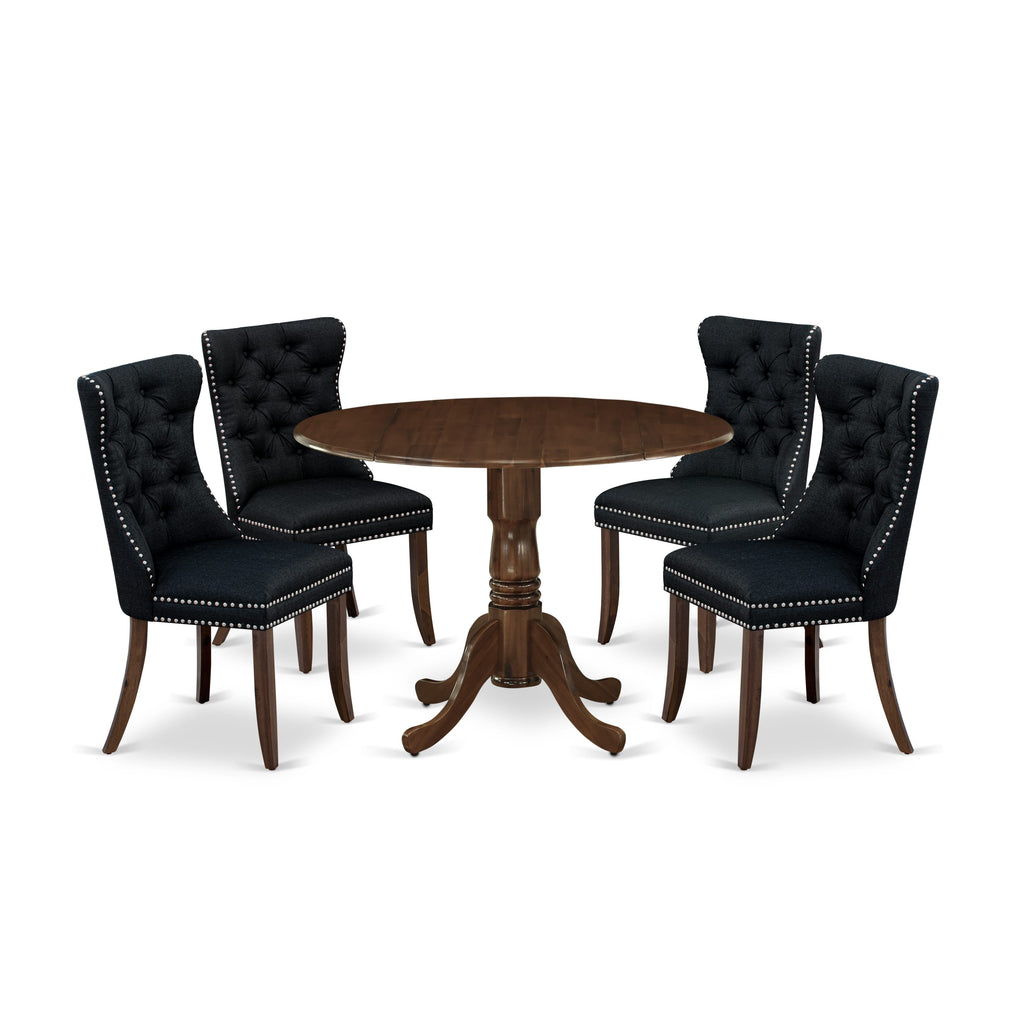 East West Furniture DLDA5-AWA-24 5 Piece Dining Room Table Set Contains a Round Solid Wood Table with Dropleaf and 4 Upholstered Chairs, 42x42 Inch, Antique Walnut