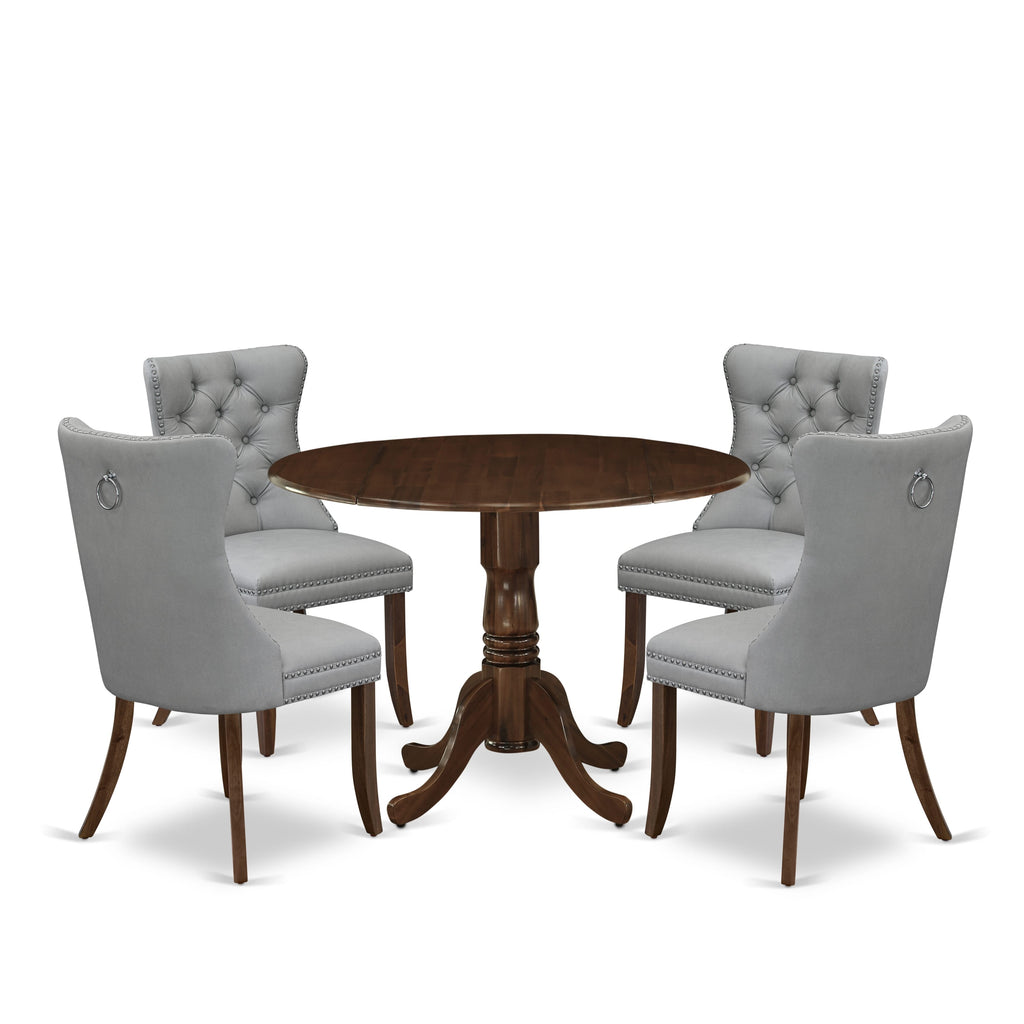 East West Furniture DLDA5-AWA-27 5 Piece Modern Dining Table Set Consists of a Round Kitchen Table with Dropleaf and 4 Upholstered Chairs, 42x42 Inch, Antique Walnut