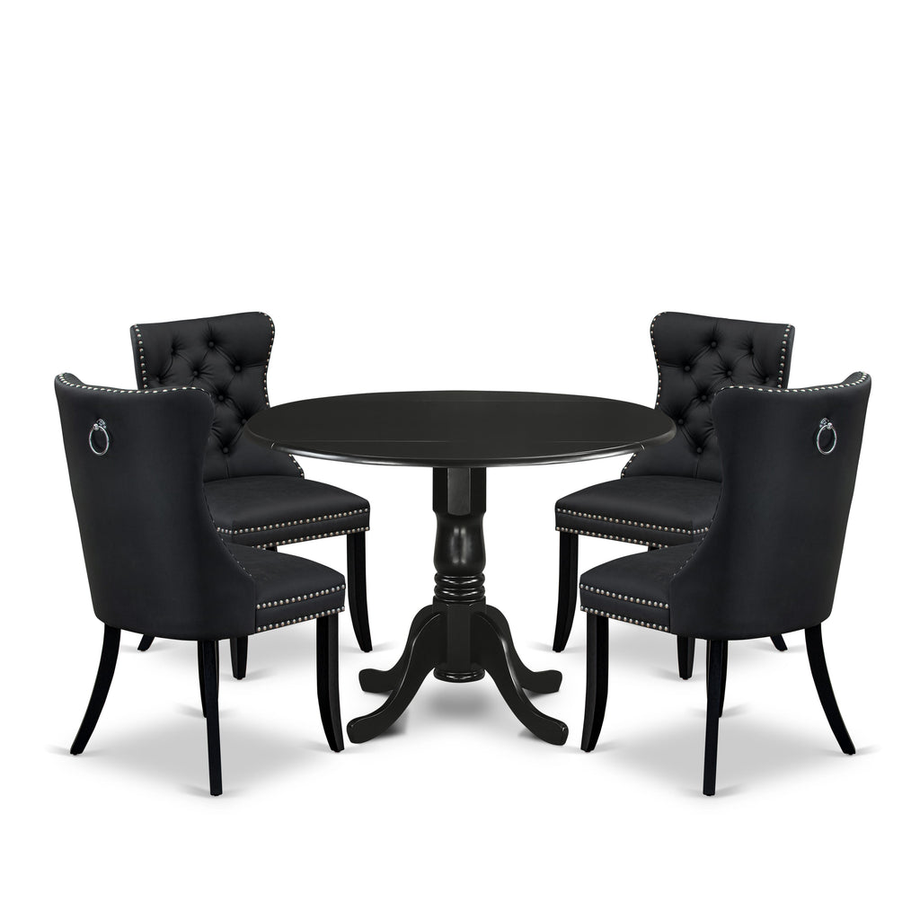 East West Furniture DLDA5-BLK-12 5 Piece Modern Dining Table Set Consists of a Round Kitchen Table with Dropleaf and 4 Upholstered Chairs, 42x42 Inch, Black