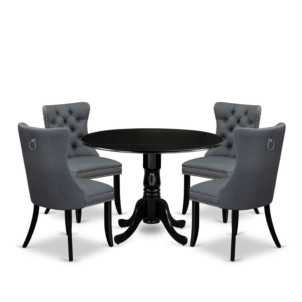 East West Furniture DLDA5-BLK-13 5 Piece Dining Set Includes a Round Kitchen Table with Dropleaf and 4 Upholstered Parson Chairs, 42x42 Inch, Black