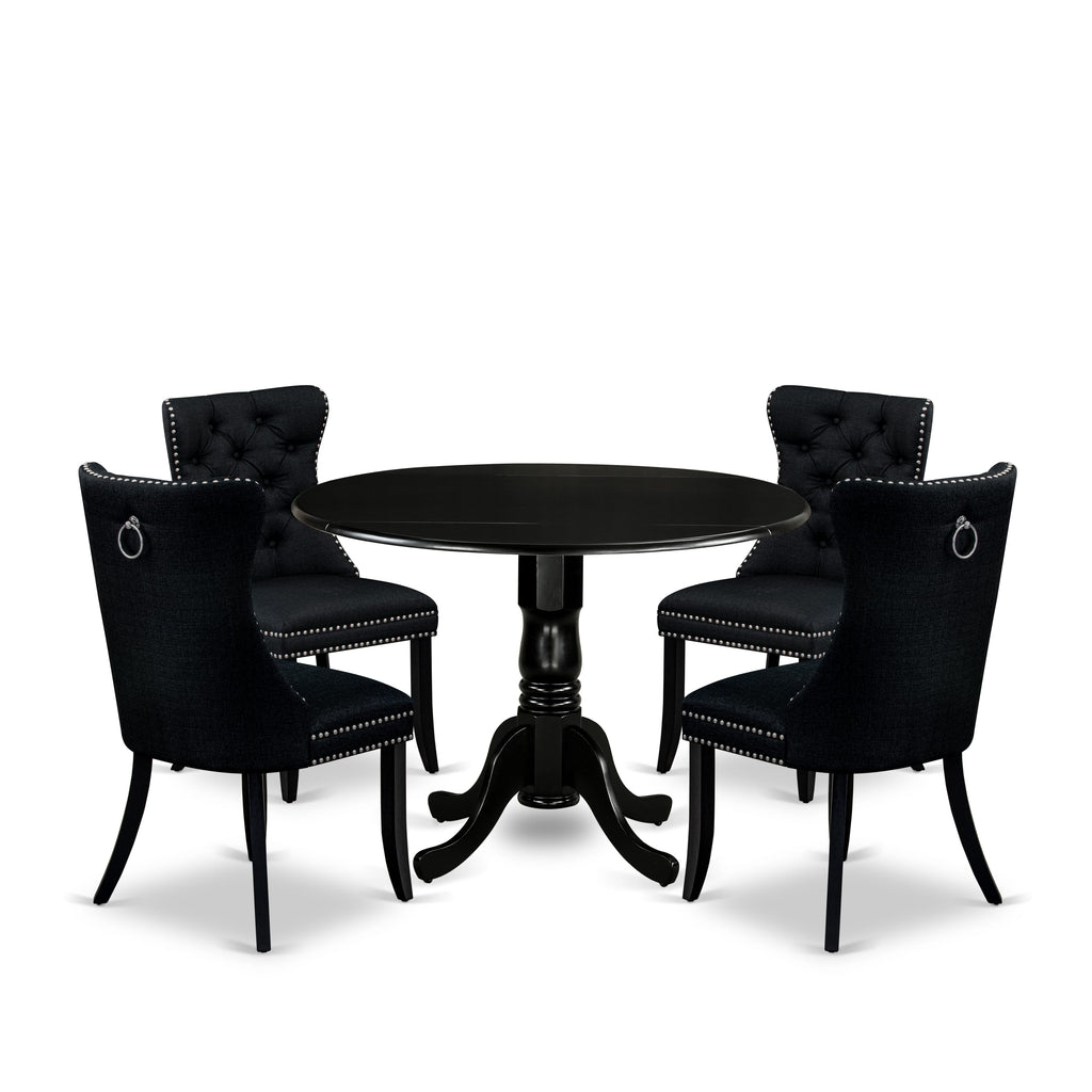 East West Furniture DLDA5-BLK-24 5 Piece Dining Room Table Set Contains a Round Solid Wood Table with Dropleaf and 4 Padded Chairs, 42x42 Inch, Black