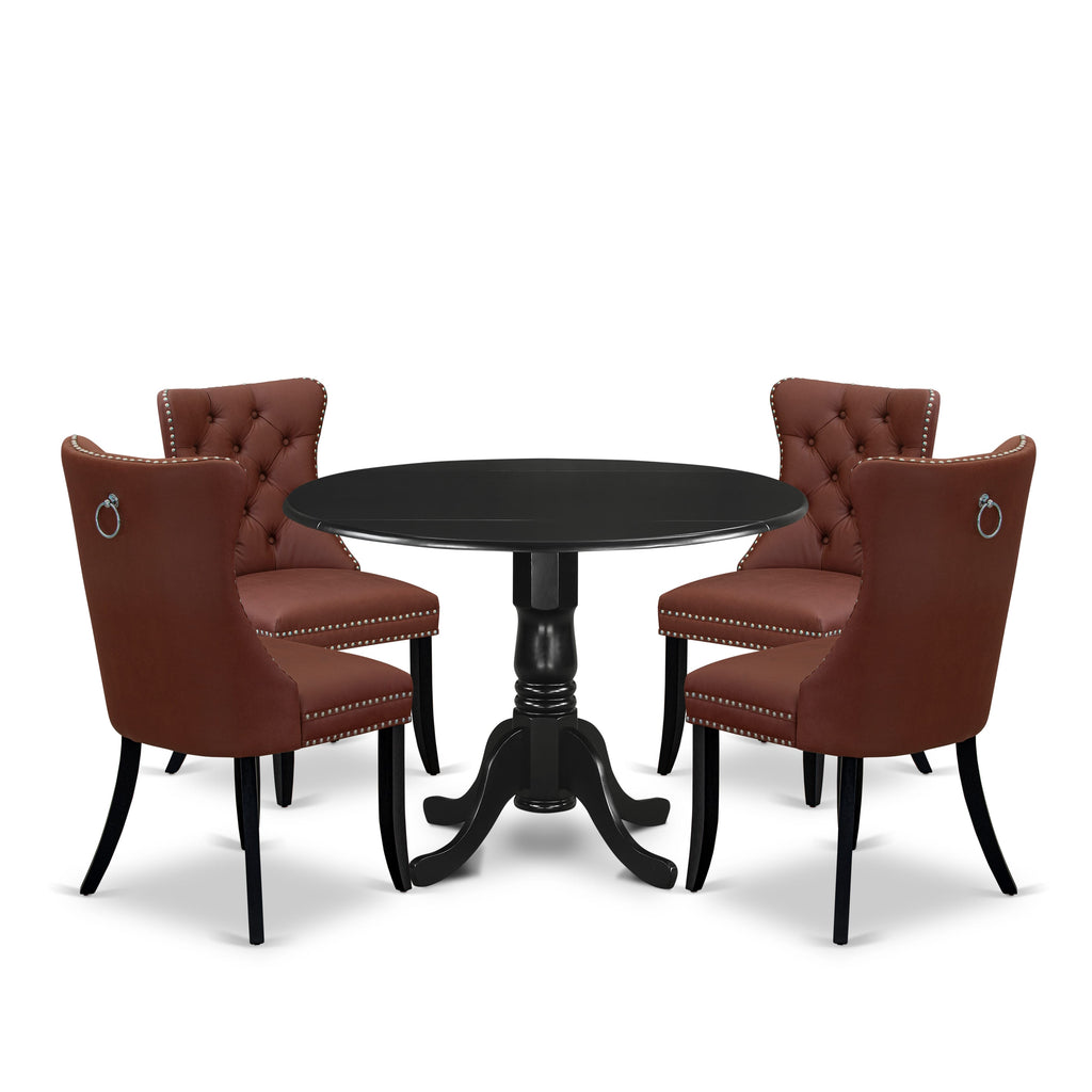 East West Furniture DLDA5-BLK-26 5 Piece Dining Table Set Includes a Round Kitchen Table with Dropleaf and 4 Upholstered Parson Chairs, 42x42 Inch, Black