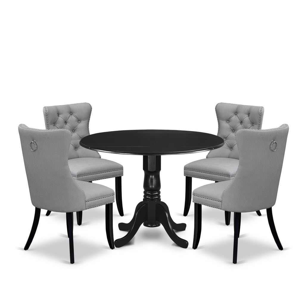 East West Furniture DLDA5-BLK-27 5 Piece Dining Table Set Includes a Round Solid Wood Table with Dropleaf and 4 Upholstered Chairs, 42x42 Inch, Black