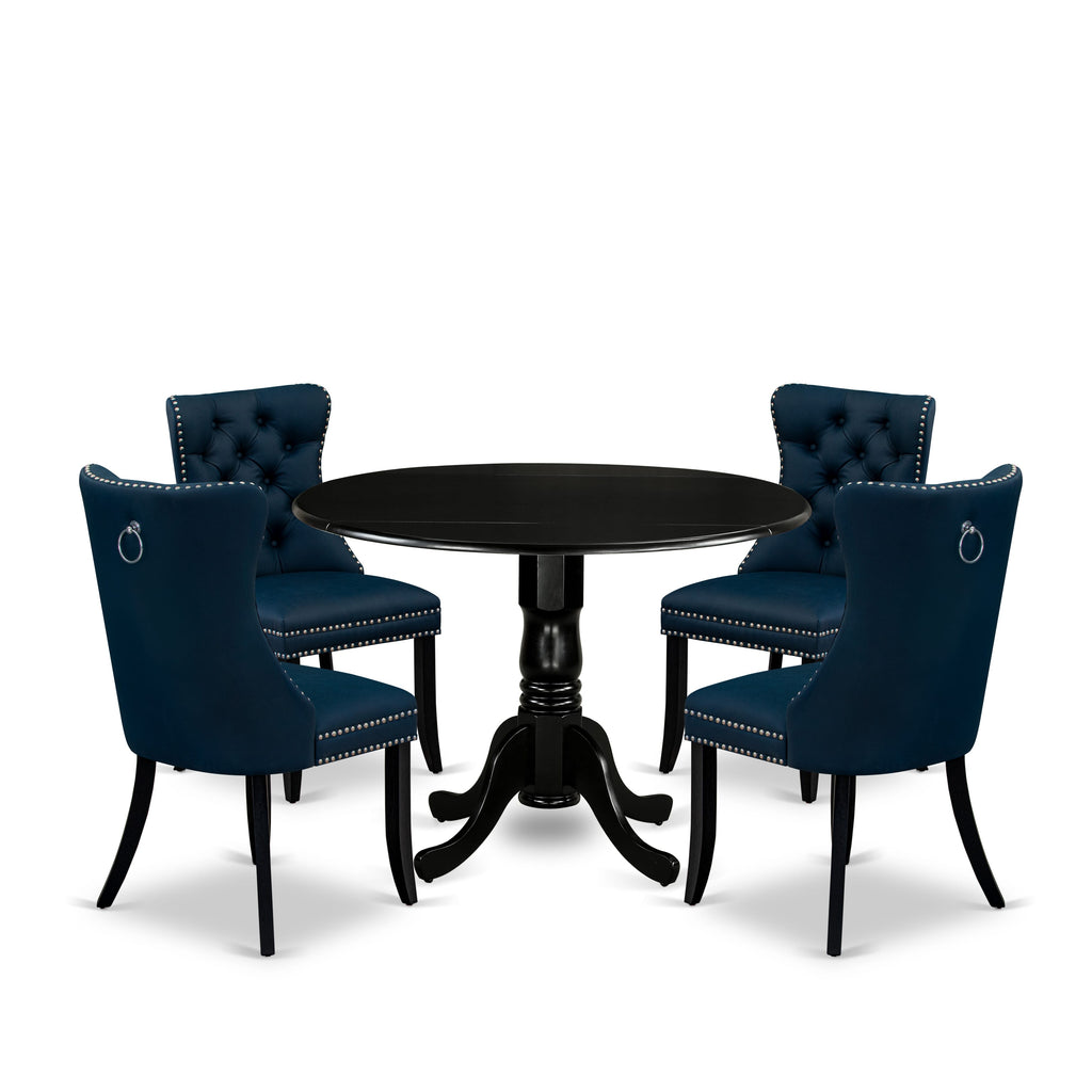 East West Furniture DLDA5-BLK-29 5 Piece Modern Dining Table Set Includes a Round Kitchen Table with Dropleaf and 4 Upholstered Chairs, 42x42 Inch, Black