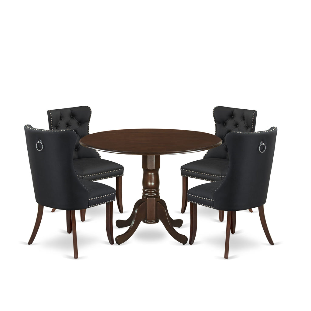 East West Furniture DLDA5-MAH-12 5 Piece Dining Room Set Consists of a Round Kitchen Table with Dropleaf and 4 Upholstered Parson Chairs, 42x42 Inch, Mahogany