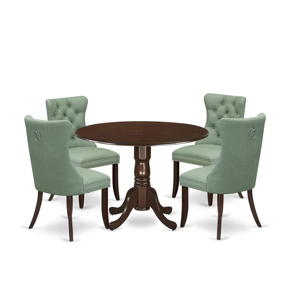 East West Furniture DLDA5-MAH-22 5 Piece Dining Table Set Contains a Round Kitchen Table with Dropleaf and 4 Upholstered Parson Chairs, 42x42 Inch, Mahogany