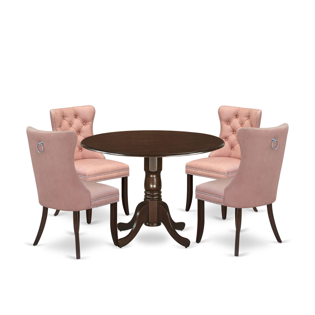 East West Furniture DLDA5-MAH-23 5 Piece Dining Room Set Consists of a Round Solid Wood Table with Dropleaf and 4 Upholstered Chairs, 42x42 Inch, Mahogany