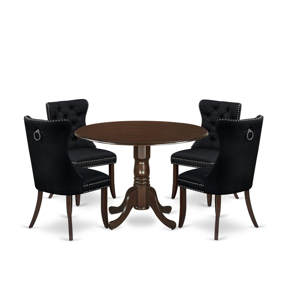 East West Furniture DLDA5-MAH-24 5 Piece Dining Room Furniture Set Contains a Round Kitchen Table with Dropleaf and 4 Padded Chairs, 42x42 Inch, Mahogany