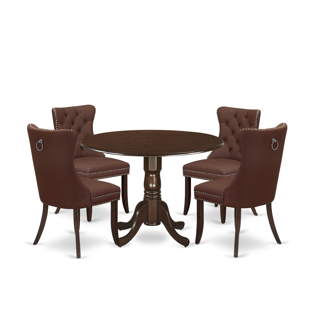 East West Furniture DLDA5-MAH-26 5 Piece Kitchen Table & Chairs Set Includes a Round Dining Table with Dropleaf and 4 Upholstered Chairs, 42x42 Inch, Mahogany