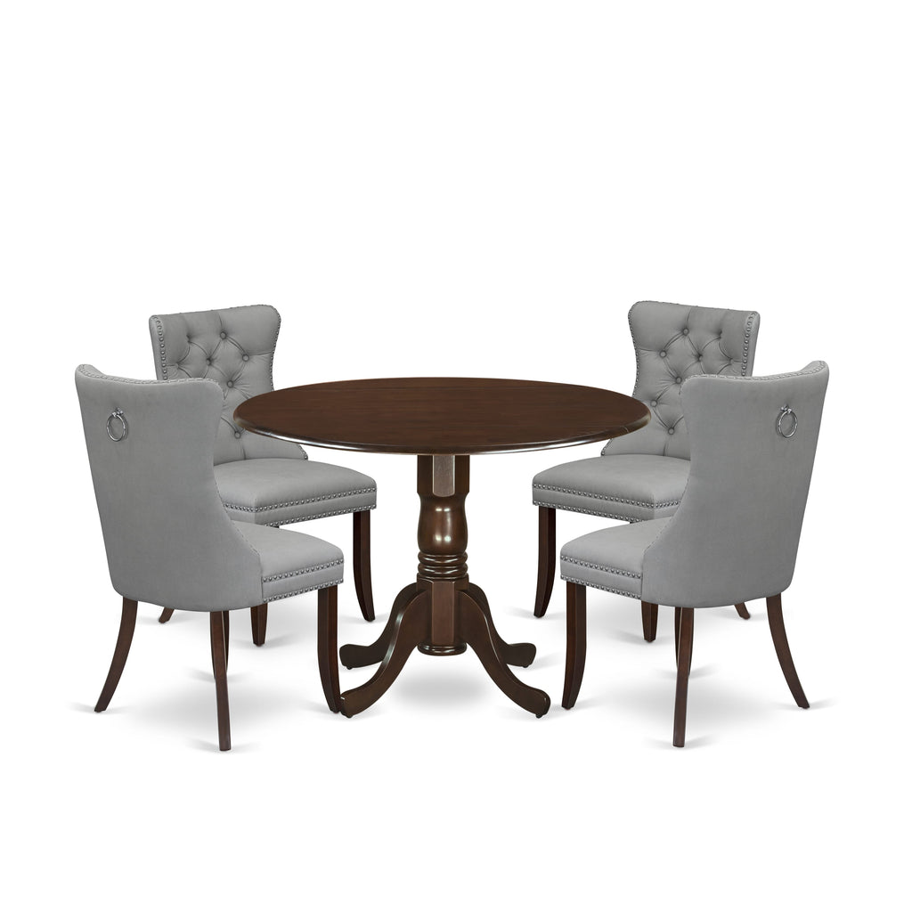 East West Furniture DLDA5-MAH-27 5 Piece Dining Table Set Includes a Round Kitchen Table with Dropleaf and 4 Upholstered Parson Chairs, 42x42 Inch, Mahogany