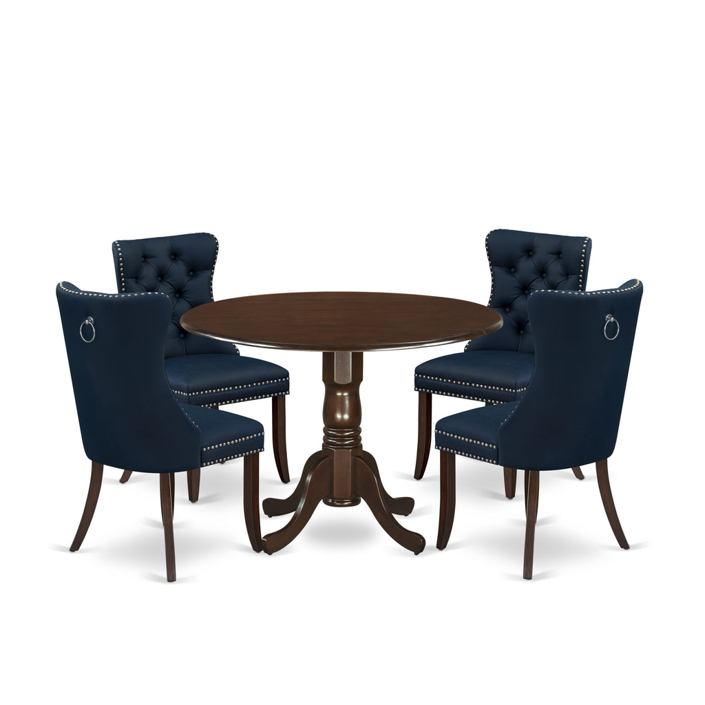 East West Furniture DLDA5-MAH-29 5 Piece Kitchen Table Set Includes a Round Dining Table with Dropleaf and 4 Upholstered Chairs, 42x42 Inch, Mahogany