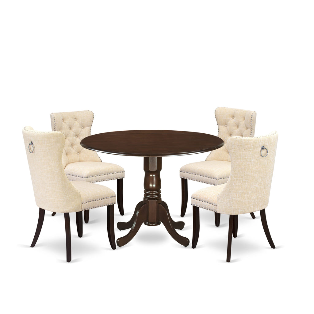 East West Furniture DLDA5-MAH-32 5 Piece Kitchen Table Set Contains a Round Dining Table with Dropleaf and 4 Upholstered Chairs, 42x42 Inch, Mahogany