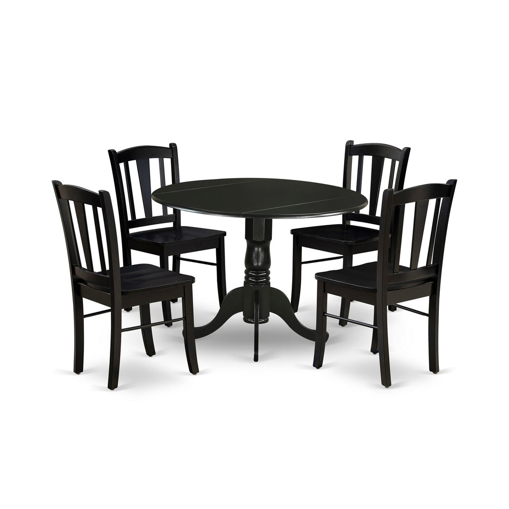 East West Furniture DLDL5-BLK-W 5 Piece Kitchen Table Set for 4 Includes a Round Dining Room Table with Dropleaf and 4 Dining Chairs, 42x42 Inch, Black