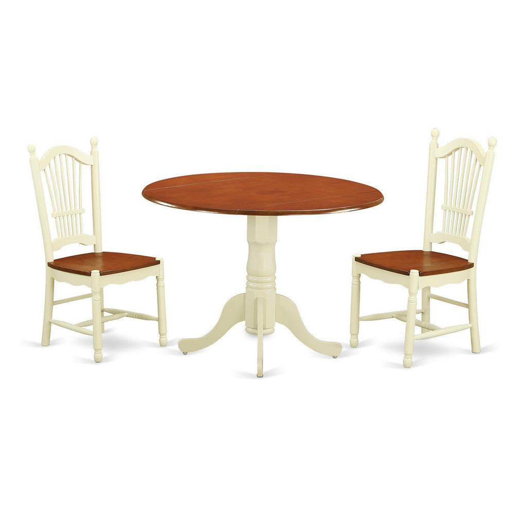 East West Furniture DLDO3-BMK-W 3 Piece Dining Room Furniture Set Contains a Round Kitchen Table with Dropleaf and 2 Dining Chairs, 42x42 Inch, Buttermilk & Cherry