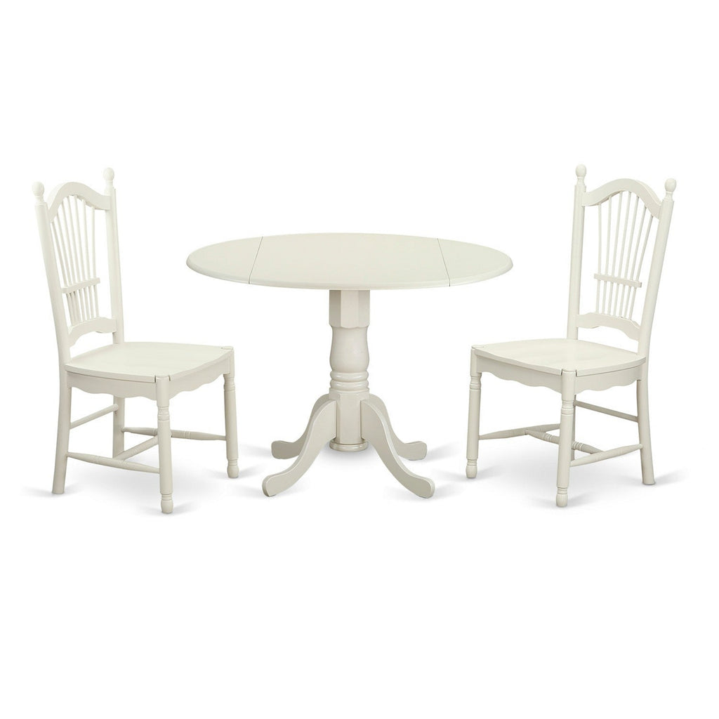 East West Furniture DLDO3-WHI-W 3 Piece Dining Room Table Set Contains a Round Kitchen Table with Dropleaf and 2 Dining Chairs, 42x42 Inch, Linen White