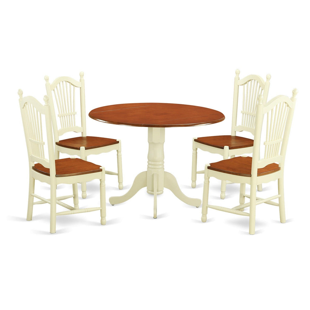East West Furniture DLDO5-BMK-W 5 Piece Kitchen Table Set for 4 Includes a Round Dining Room Table with Dropleaf and 4 Dining Chairs, 42x42 Inch, Buttermilk & Cherry