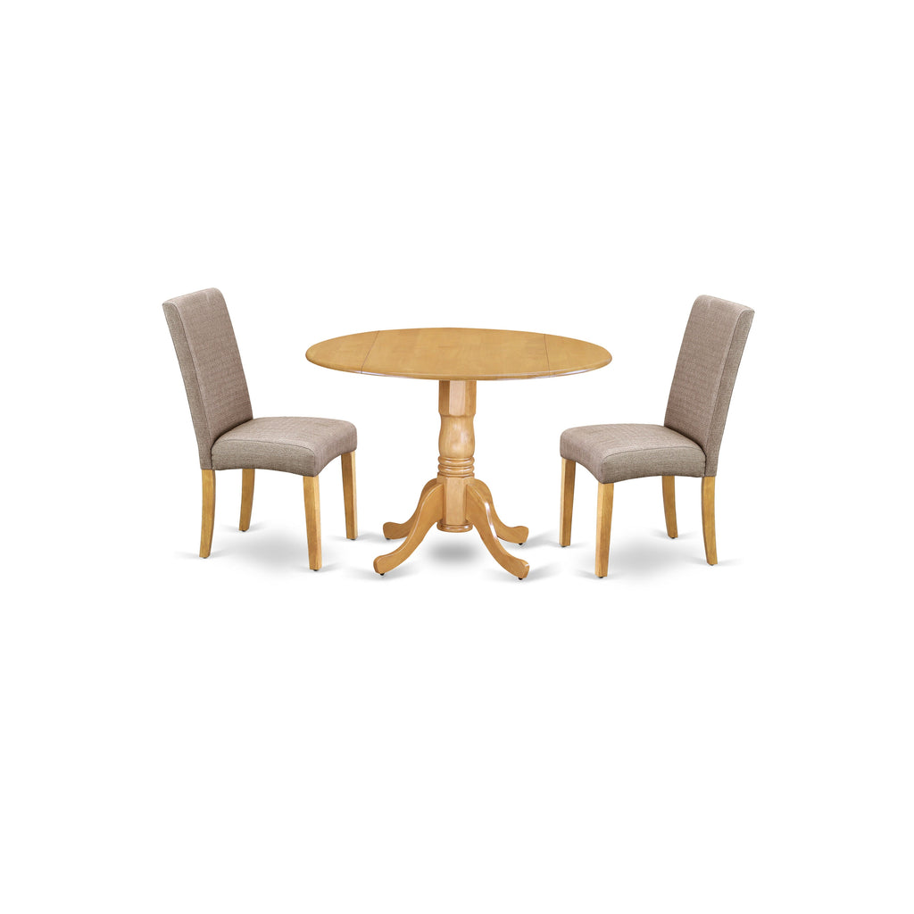 East West Furniture DLDR3-OAK-16 3 Piece Dining Room Furniture Set Contains a Round Dining Table with Dropleaf and 2 Dark Khaki Linen Fabric Parsons Chairs, 42x42 Inch, Oak