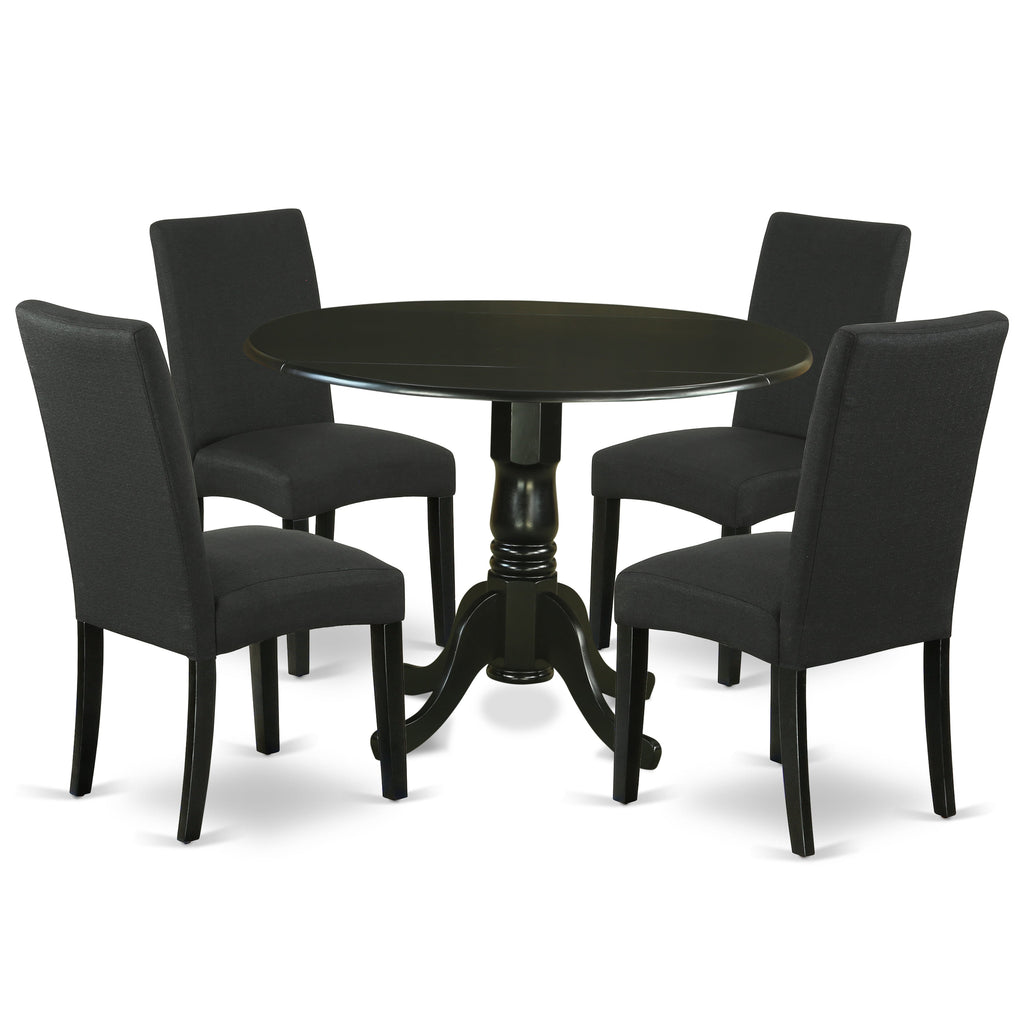 East West Furniture DLDR5-BLK-24 5 Piece Modern Dining Table Set Includes a Round Wooden Table with Dropleaf and 4 Black Color Linen Fabric Upholstered Chairs, 42x42 Inch, Black