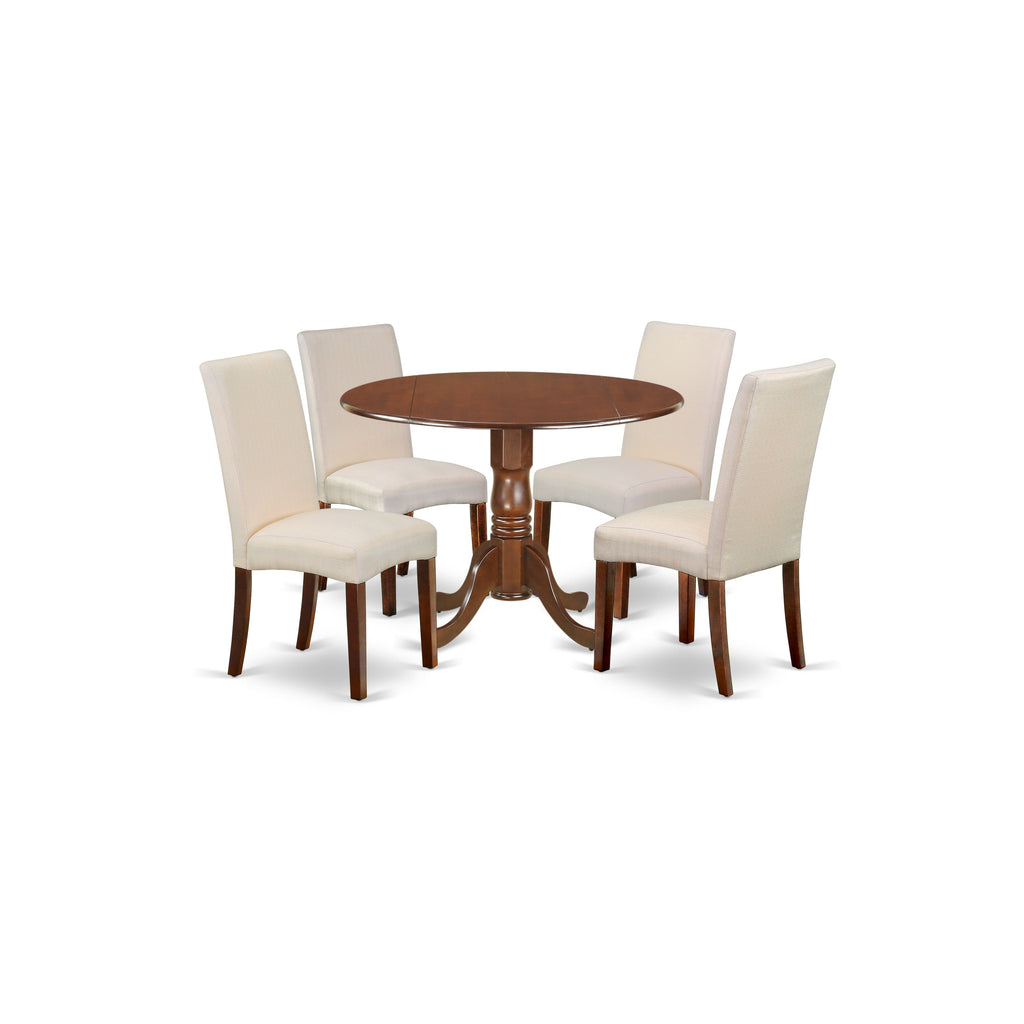 East West Furniture DLDR5-MAH-01 5 Piece Dining Room Furniture Set Includes a Round Dining Table with Dropleaf and 4 Cream Linen Fabric Upholstered Chairs, 42x42 Inch, Mahogany