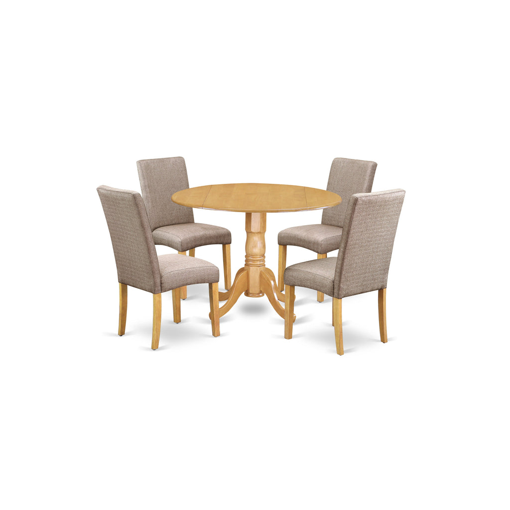 East West Furniture DLDR5-OAK-16 5 Piece Kitchen Table Set Includes a Round Dining Table with Dropleaf and 4 Dark Khaki Linen Fabric Parson Dining Room Chairs, 42x42 Inch, Oak