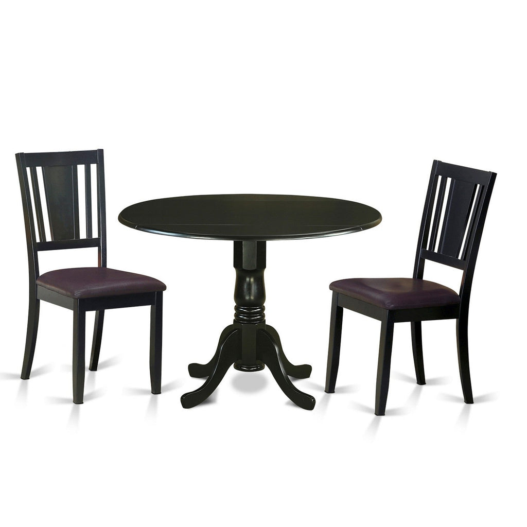 East West Furniture DLDU3-BLK-LC 3 Piece Dining Room Furniture Set Contains a Round Kitchen Table with Dropleaf and 2 Faux Leather Upholstered Dining Chairs, 42x42 Inch, Black