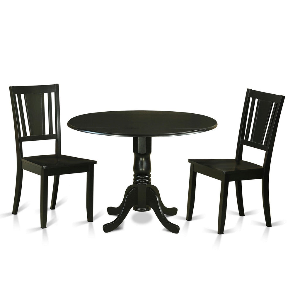East West Furniture DLDU3-BLK-W 3 Piece Kitchen Table Set for Small Spaces Contains a Round Dining Room Table with Dropleaf and 2 Solid Wood Seat Chairs, 42x42 Inch, Black