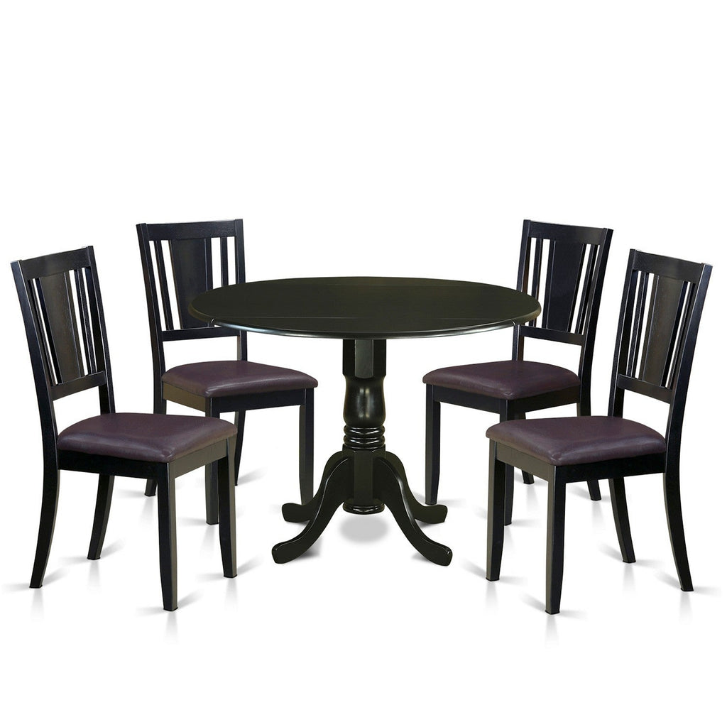 East West Furniture DLDU5-BLK-LC 5 Piece Modern Dining Table Set Includes a Round Wooden Table with Dropleaf and 4 Faux Leather Kitchen Dining Chairs, 42x42 Inch, Black
