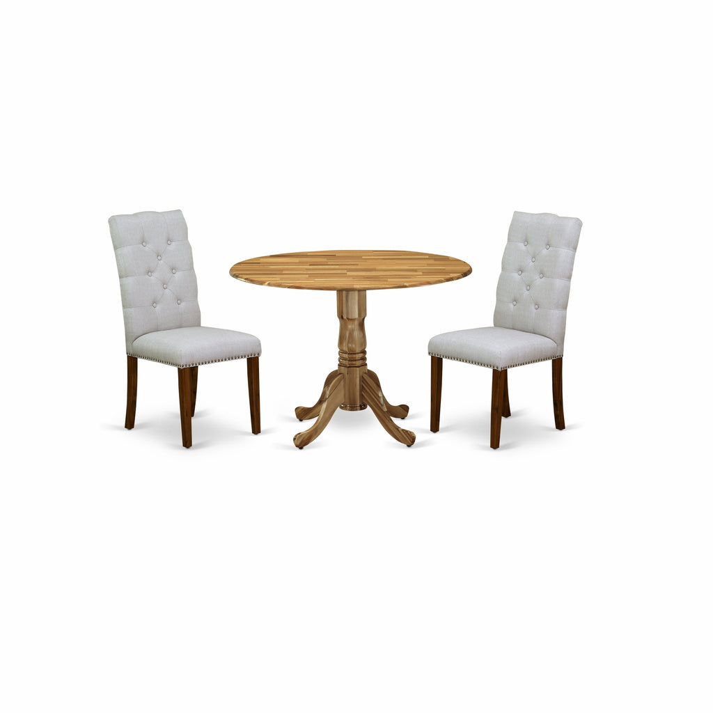 East West Furniture DLEL3-ANA-05 3 Piece Modern Dining Table Set Contains a Round Wooden Table with Dropleaf and 2 Grey Linen Fabric Parsons Dining Chairs, 42x42 Inch, Natural
