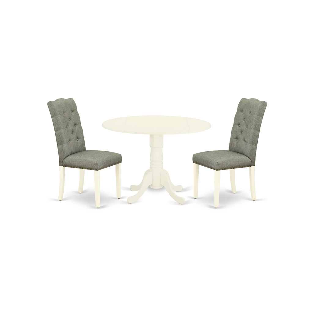 East West Furniture DLEL3-WHI-07 3 Piece Modern Dining Table Set Contains a Round Wooden Table with Dropleaf and 2 Gray Linen Fabric Parson Dining Room Chairs, 42x42 Inch, Linen White