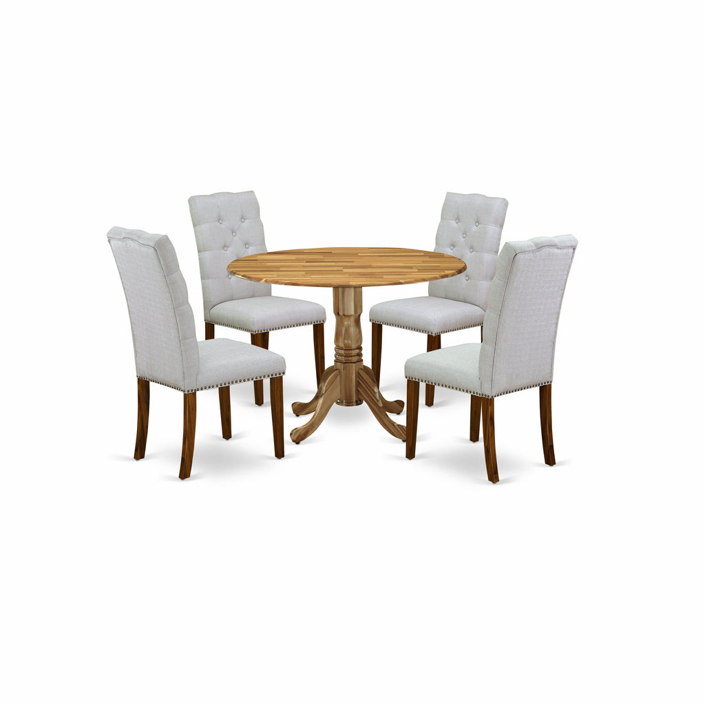East West Furniture DLEL5-ANA-05 5 Piece Dinette Set for 4 Includes a Round Dining Room Table with Dropleaf and 4 Grey Linen Fabric Upholstered Parson Chairs, 42x42 Inch, Natural