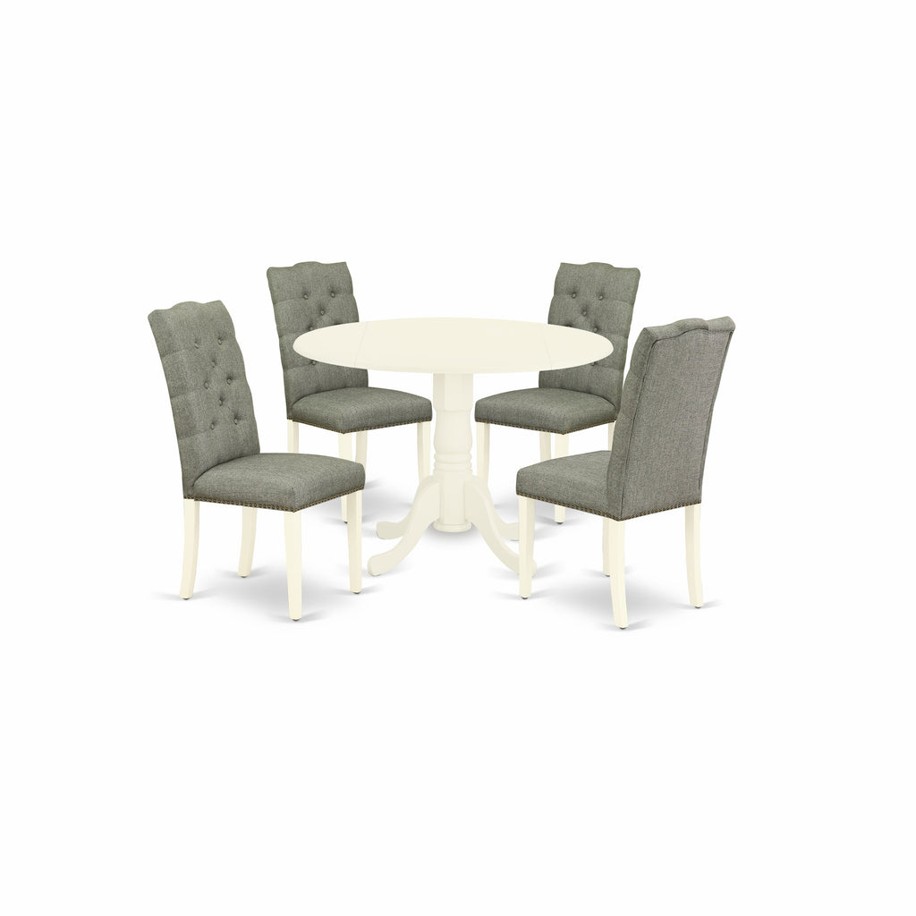 East West Furniture DLEL5-WHI-07 5 Piece Dining Room Table Set Includes a Round Dining Table with Dropleaf and 4 Gray Linen Fabric Upholstered Parson Chairs, 42x42 Inch, Linen White