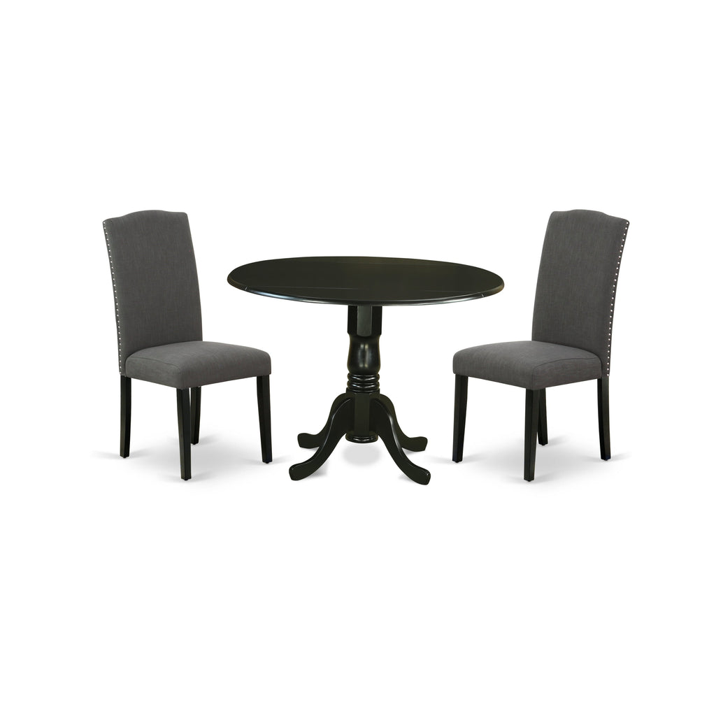East West Furniture DLEN3-BLK-20 3 Piece Modern Dining Table Set Contains a Round Wooden Table with Dropleaf and 2 Dark Gotham Linen Fabric Upholstered Chairs, 42x42 Inch, Black