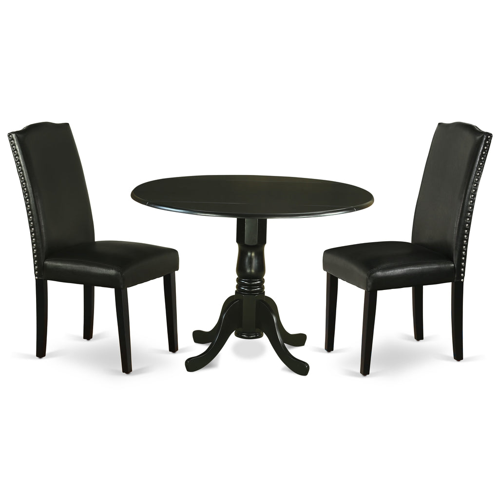 East West Furniture DLEN3-BLK-69 3 Piece Dining Room Furniture Set Contains a Round Dining Table with Dropleaf and 2 Black Faux Leather Upholstered Chairs, 42x42 Inch, Black