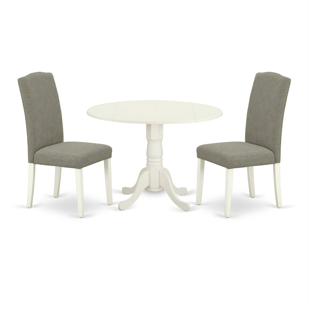 East West Furniture DLEN3-LWH-06 3 Piece Modern Dining Table Set Contains a Round Wooden Table with Dropleaf and 2 Dark Shitake Linen Fabric Parson Dining Chairs, 42x42 Inch, Linen White