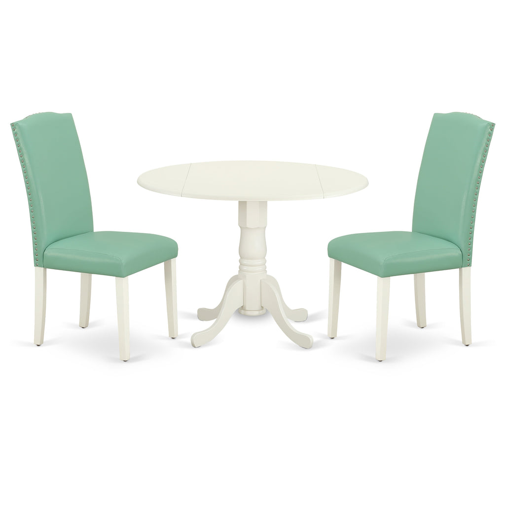East West Furniture DLEN3-LWH-57 3 Piece Dining Set Contains a Round Dining Room Table with Dropleaf and 2 Pond Faux Leather Upholstered Parson Chairs, 42x42 Inch, Linen White