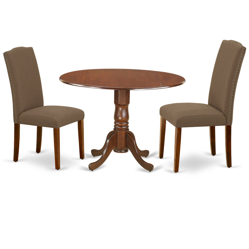 East West Furniture DLEN3-MAH-18 3 Piece Dining Room Furniture Set Contains a Round Dining Table with Dropleaf and 2 Dark Coffee Linen Fabric Parsons Chairs, 42x42 Inch, Mahogany