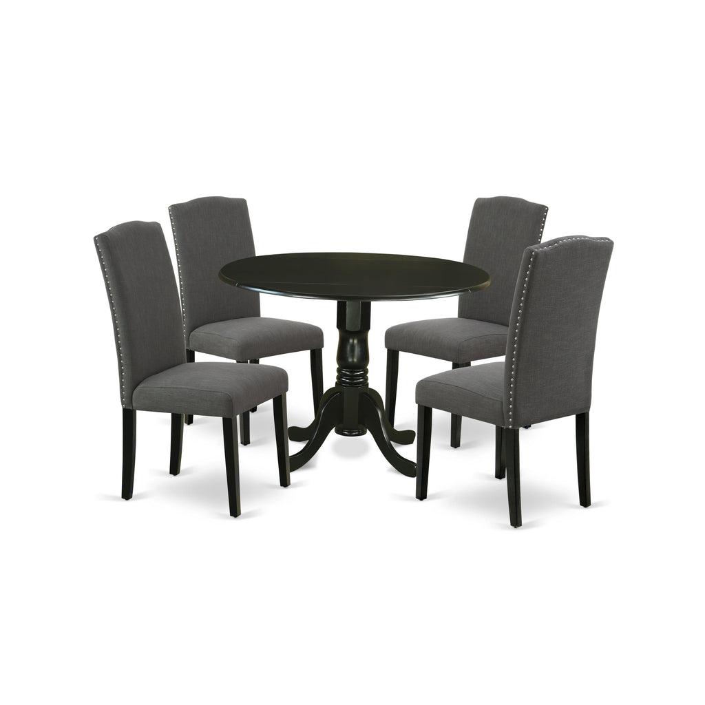 East West Furniture DLEN5-BLK-20 5 Piece Dining Set Includes a Round Dining Room Table with Dropleaf and 4 Dark Gotham Linen Fabric Upholstered Parson Chairs, 42x42 Inch, Black