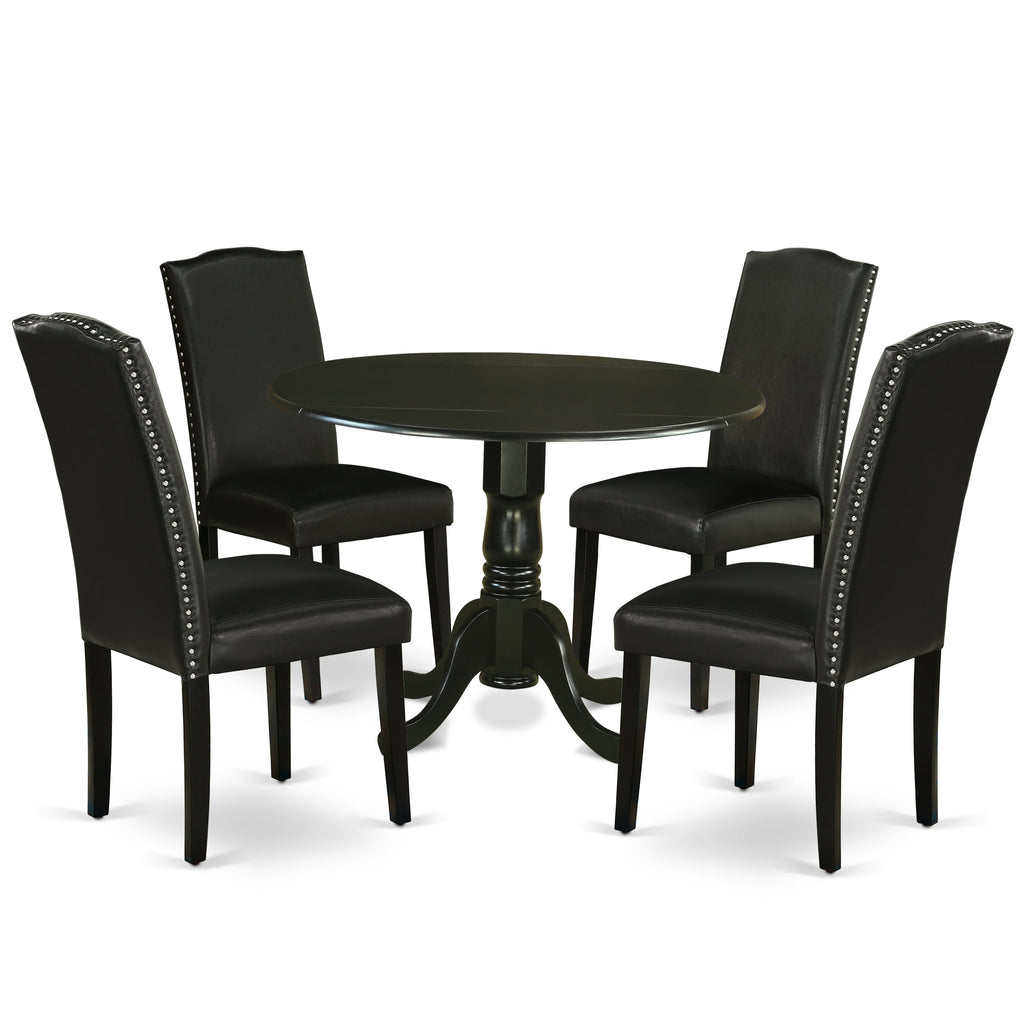 East West Furniture DLEN5-BLK-69 5 Piece Dining Room Furniture Set Includes a Round Dining Table with Dropleaf and 4 Black Faux Leather Upholstered Chairs, 42x42 Inch, Black