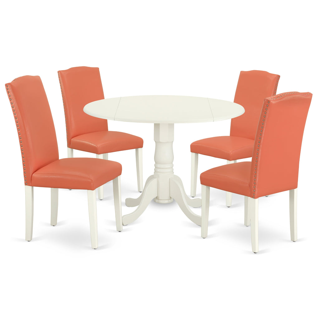 East West Furniture DLEN5-LWH-78 5 Piece Dining Set Includes a Round Dining Room Table with Dropleaf and 4 Pink Flamingo Faux Leather Upholstered Parson Chairs, 42x42 Inch, Linen White