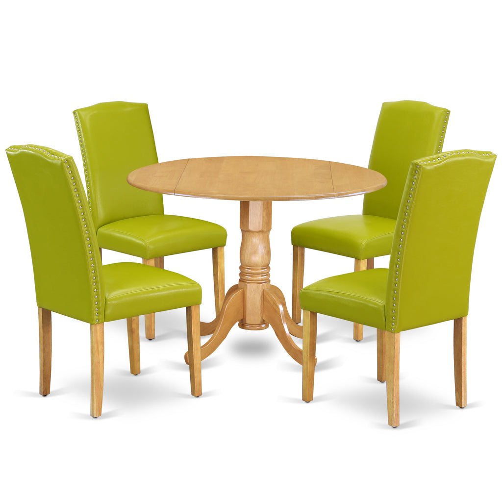 East West Furniture DLEN5-OAK-51 5 Piece Modern Dining Table Set Includes a Round Wooden Table with Dropleaf and 4 Autumn Green Faux Leather Upholstered Chairs, 42x42 Inch, Oak