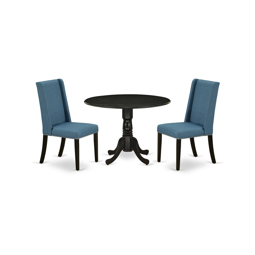 East West Furniture DLFL3-ABK-21 3 Piece Dining Room Table Set Contains a Round Kitchen Table with Dropleaf and 2 Blue Linen Fabric Parsons Dining Chairs, 42x42 Inch, Wirebrushed Black