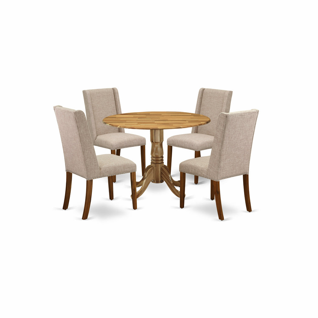East West Furniture DLFL5-ANA-04 5 Piece Dining Room Furniture Set Includes a Round Dining Table with Dropleaf and 4 Light Tan Linen Fabric Parsons Chairs, 42x42 Inch, Natural