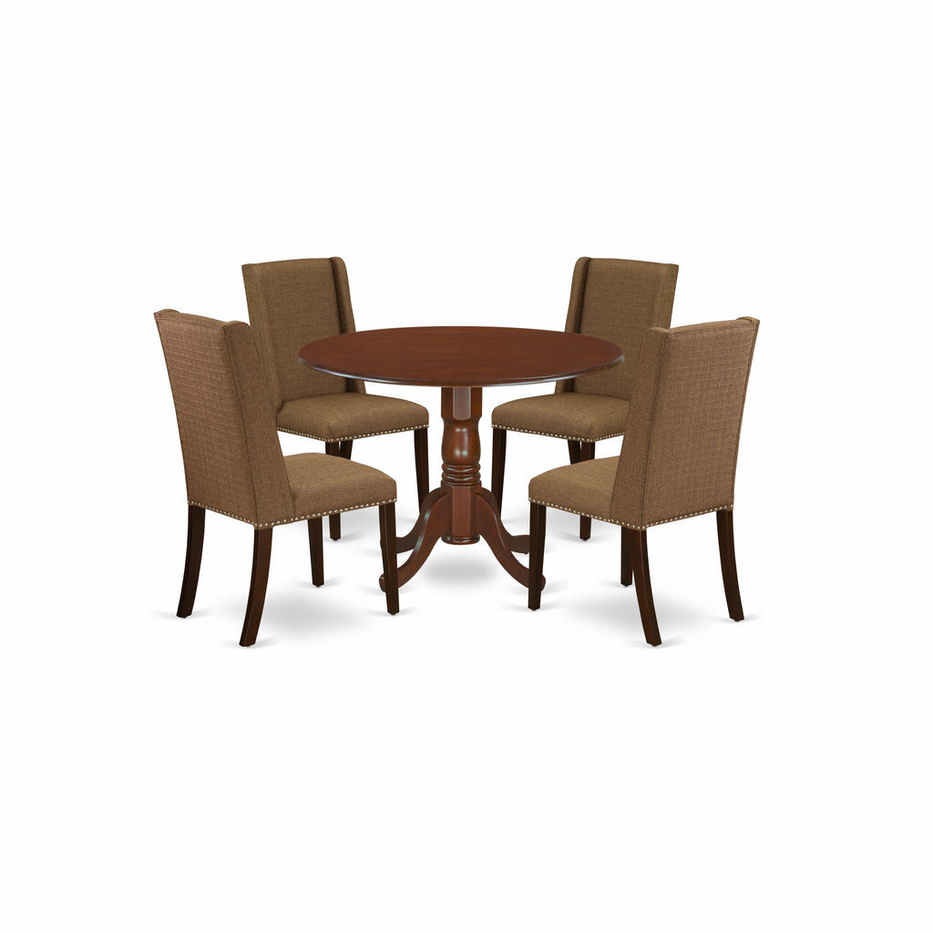 East West Furniture DLFL5-MAH-18 5 Piece Kitchen Table Set for 4 Includes a Round Dining Room Table with Dropleaf and 4 Brown Linen Linen Fabric Parson Dining Chairs, 42x42 Inch, Mahogany