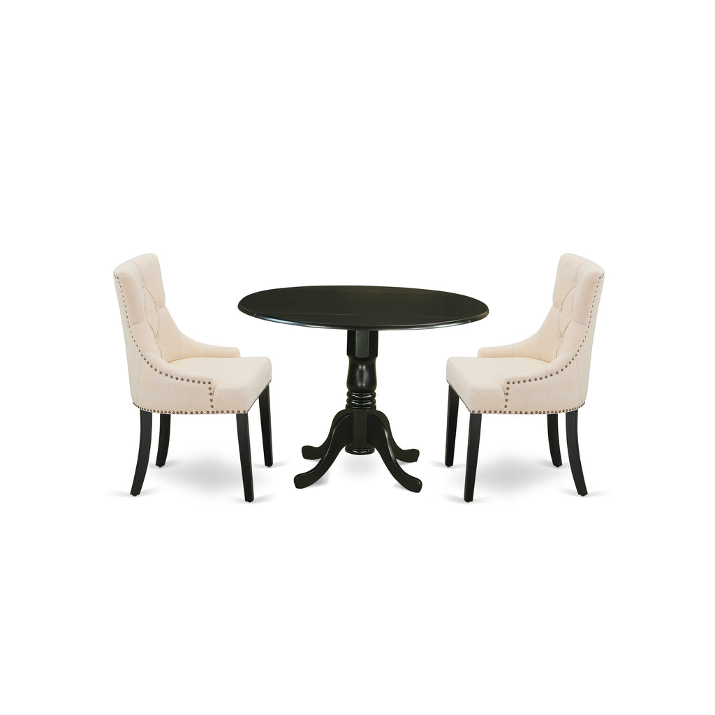 East West Furniture DLFR3-BLK-02 3 Piece Kitchen Table & Chairs Set Contains a Round Dining Table with Dropleaf and 2 Light Beige Linen Fabric Parson Chairs, 42x42 Inch, Black
