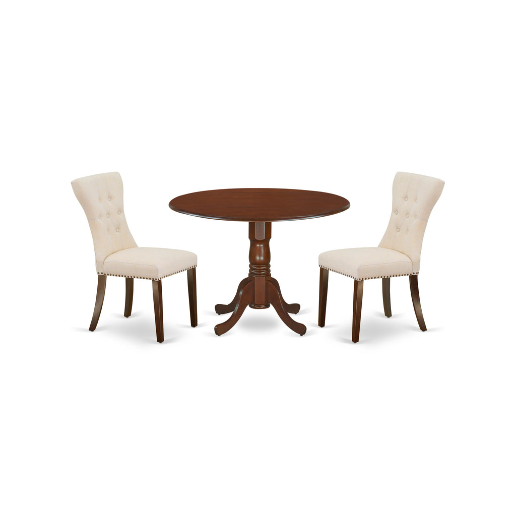 East West Furniture DLGA3-MAH-32 3 Piece Modern Dining Table Set Contains a Round Wooden Table with Dropleaf and 2 Light Beige Linen Fabric Parsons Dining Chairs, 42x42 Inch, Mahogany