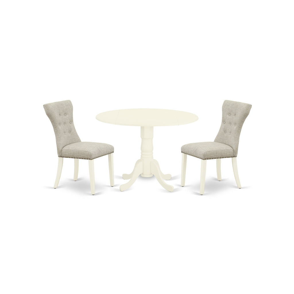 East West Furniture DLGA3-WHI-35 3 Piece Dining Room Furniture Set Contains a Round Dining Table with Dropleaf and 2 Doeskin Linen Fabric Upholstered Parson Chairs, 42x42 Inch, Linen White