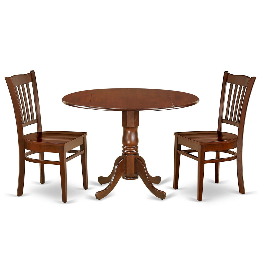 East West Furniture DLGR3-MAH-W 3 Piece Dining Room Table Set Contains a Round Kitchen Table with Dropleaf and 2 Dining Chairs, 42x42 Inch, Mahogany