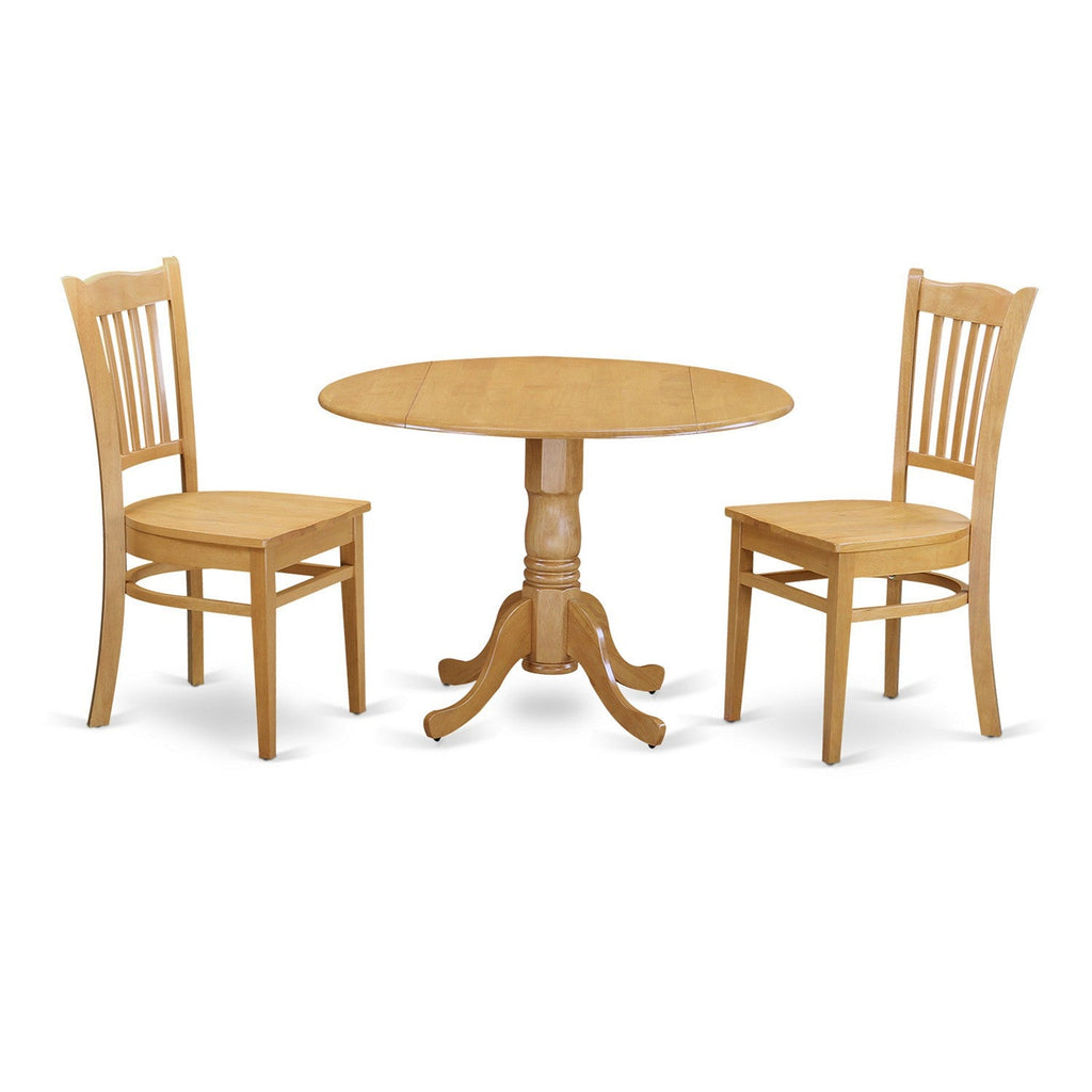 East West Furniture DLGR3-OAK-W 3 Piece Dining Room Table Set Contains a Round Kitchen Table with Dropleaf and 2 Dining Chairs, 42x42 Inch, Oak