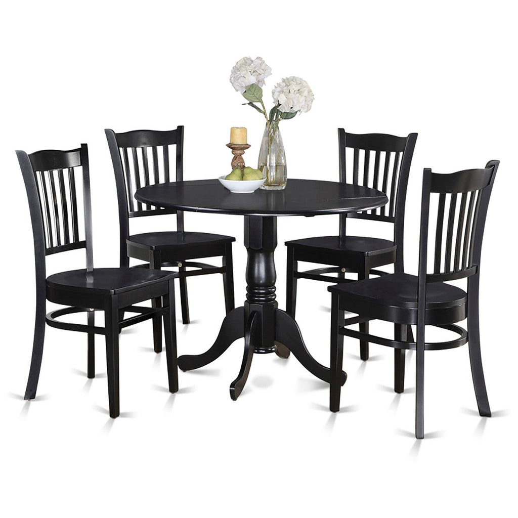 East West Furniture DLGR5-BLK-W 5 Piece Dining Room Table Set Includes a Round Dining Table with Dropleaf and 4 Wood Seat Chairs, 42x42 Inch, Black