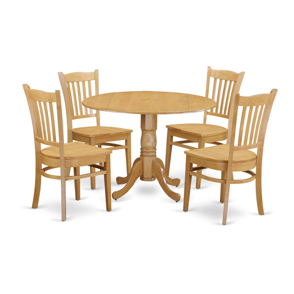 East West Furniture DLGR5-OAK-W 5 Piece Modern Dining Table Set Includes a Round Wooden Table with Dropleaf and 4 Kitchen Dining Chairs, 42x42 Inch, Oak